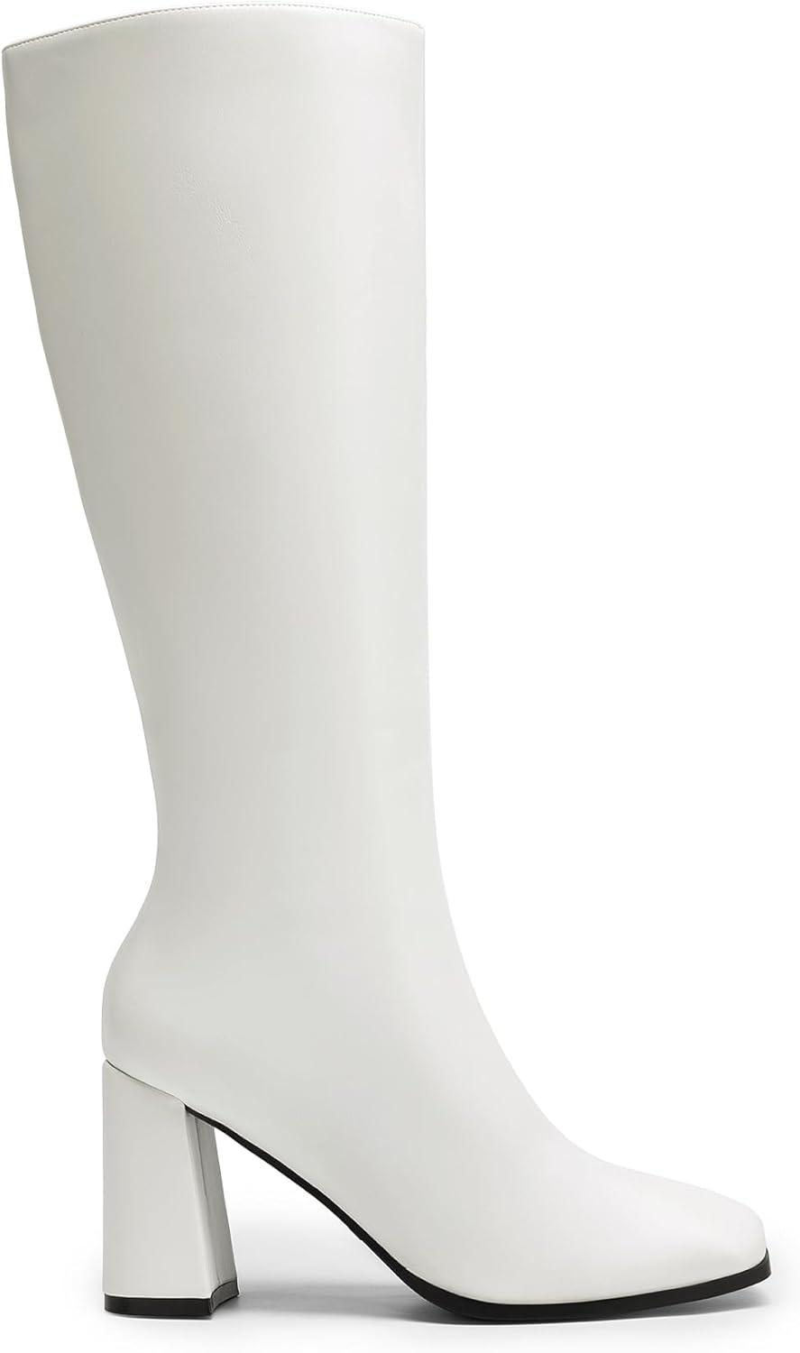 imageDREAM PAIRS Knee High Boots for Women Square Toe Gogo Chunky Heel with Side ZipWhitepu