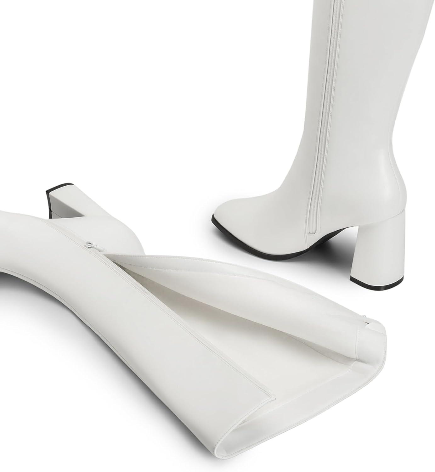 imageDREAM PAIRS Knee High Boots for Women Square Toe Gogo Chunky Heel with Side ZipWhitepu