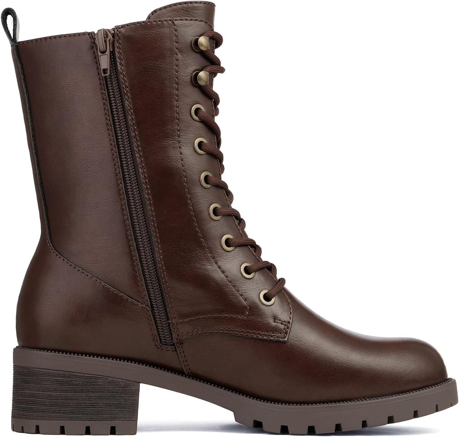 imageDREAM PAIRS Laceup Combat Boots Midcalf Military Winter Boot for WomenBrownPu