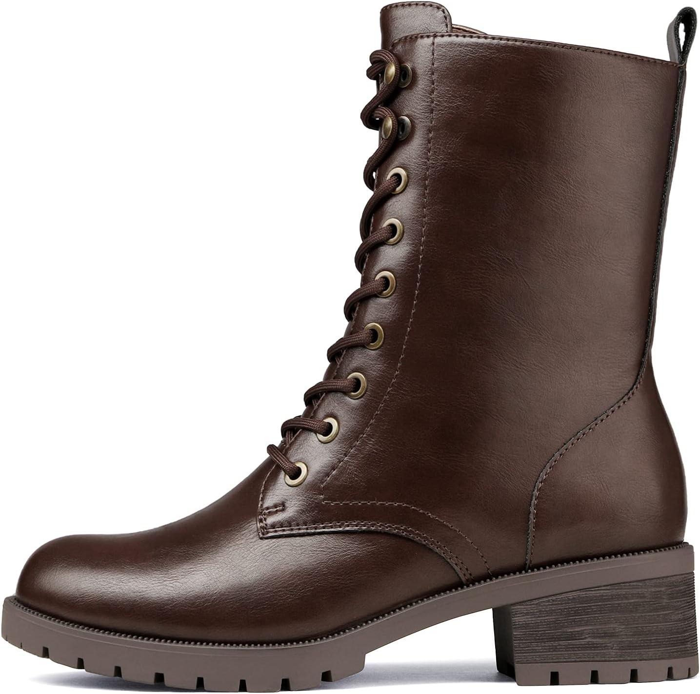 imageDREAM PAIRS Laceup Combat Boots Midcalf Military Winter Boot for WomenBrownPu