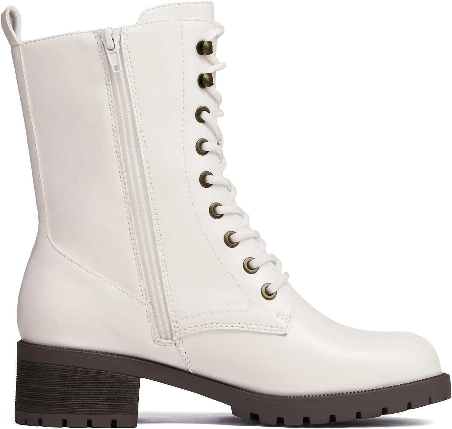imageDREAM PAIRS Laceup Combat Boots Midcalf Military Winter Boot for WomenWhitePu