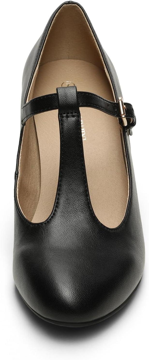 imageDREAM PAIRS Low Chunky Heels for Women TStrap Mary Jane Pumps Wedding Dress ShoesBlackPu