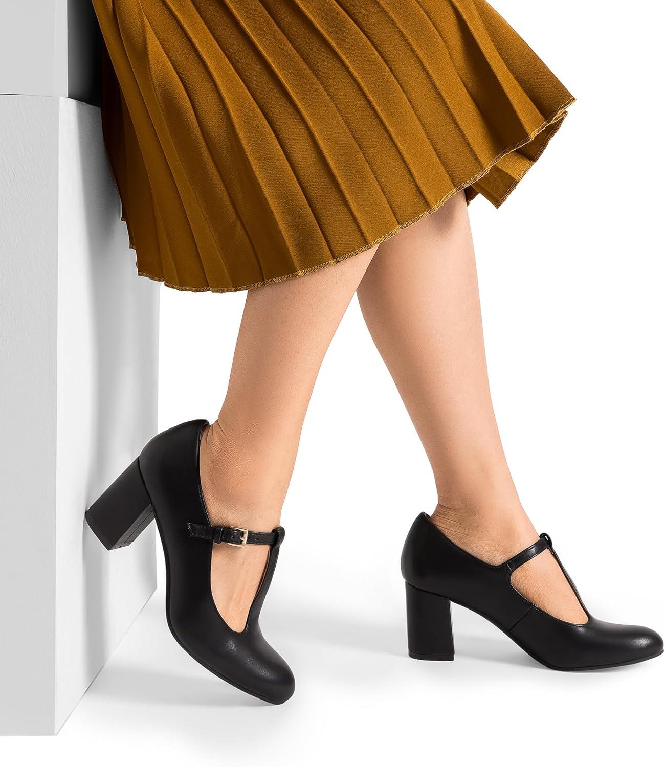 imageDREAM PAIRS Low Chunky Heels for Women TStrap Mary Jane Pumps Wedding Dress ShoesBlackPu