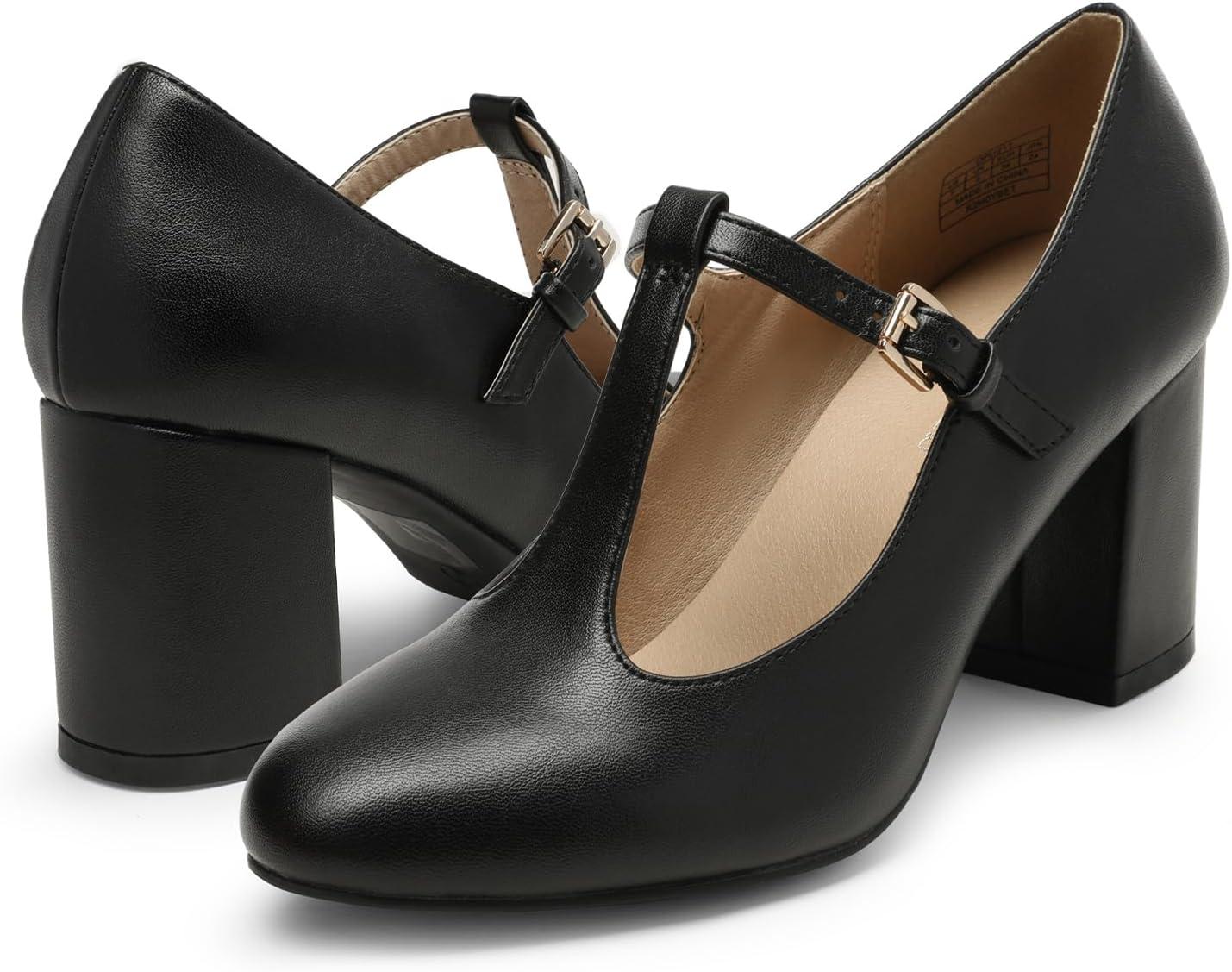 imageDREAM PAIRS Low Chunky Heels for Women TStrap Mary Jane Pumps Wedding Dress ShoesBlackPu