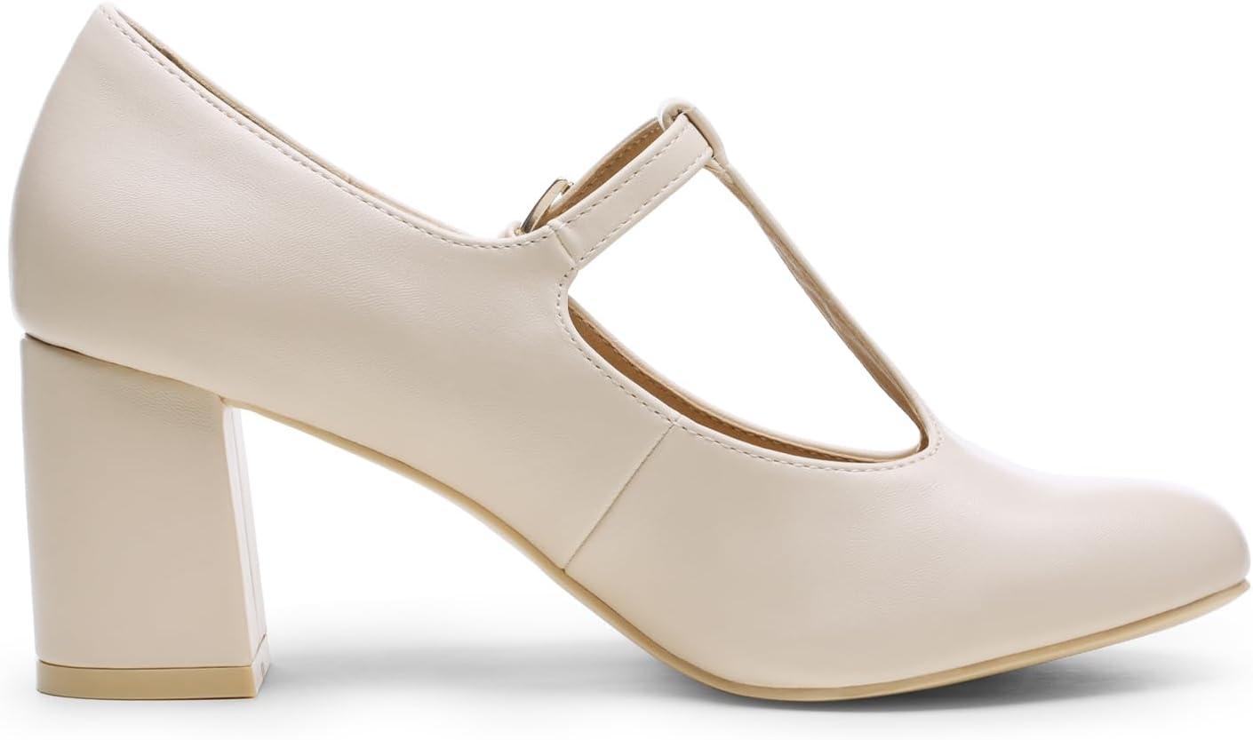 imageDREAM PAIRS Low Chunky Heels for Women TStrap Mary Jane Pumps Wedding Dress ShoesNudePu