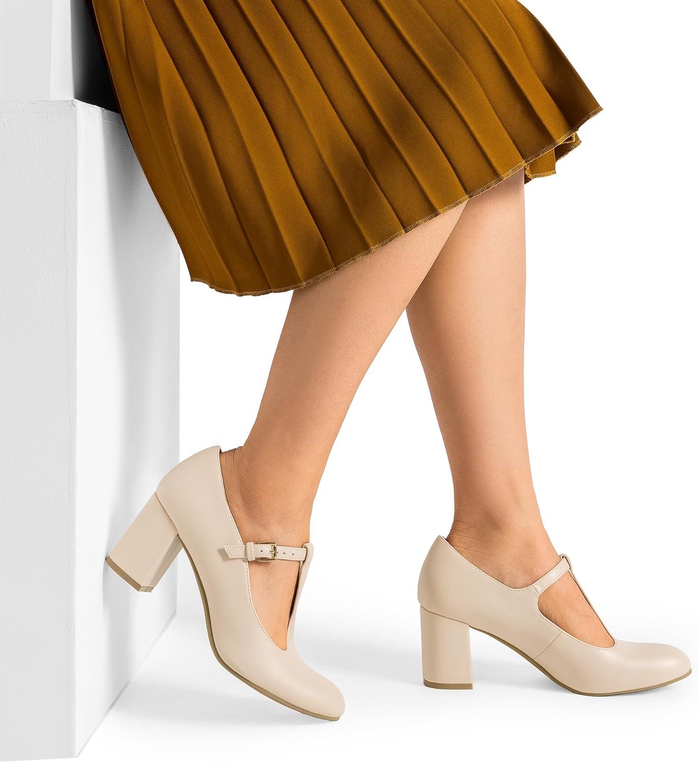 imageDREAM PAIRS Low Chunky Heels for Women TStrap Mary Jane Pumps Wedding Dress ShoesNudePu