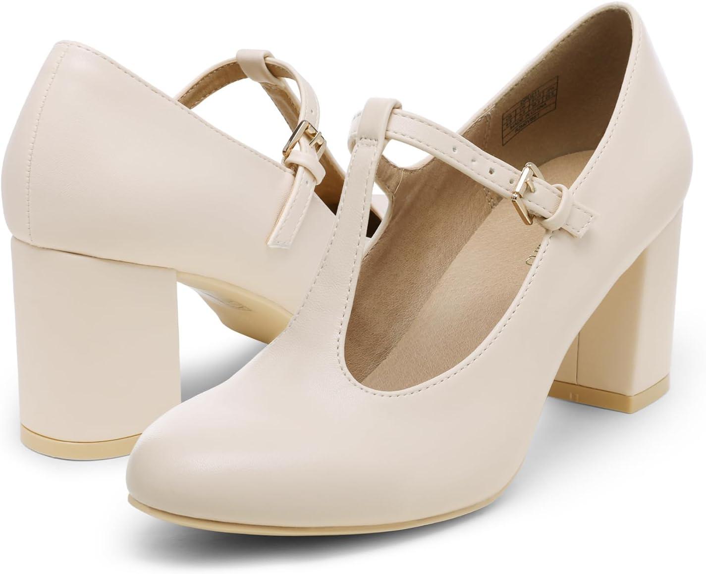 imageDREAM PAIRS Low Chunky Heels for Women TStrap Mary Jane Pumps Wedding Dress ShoesNudePu