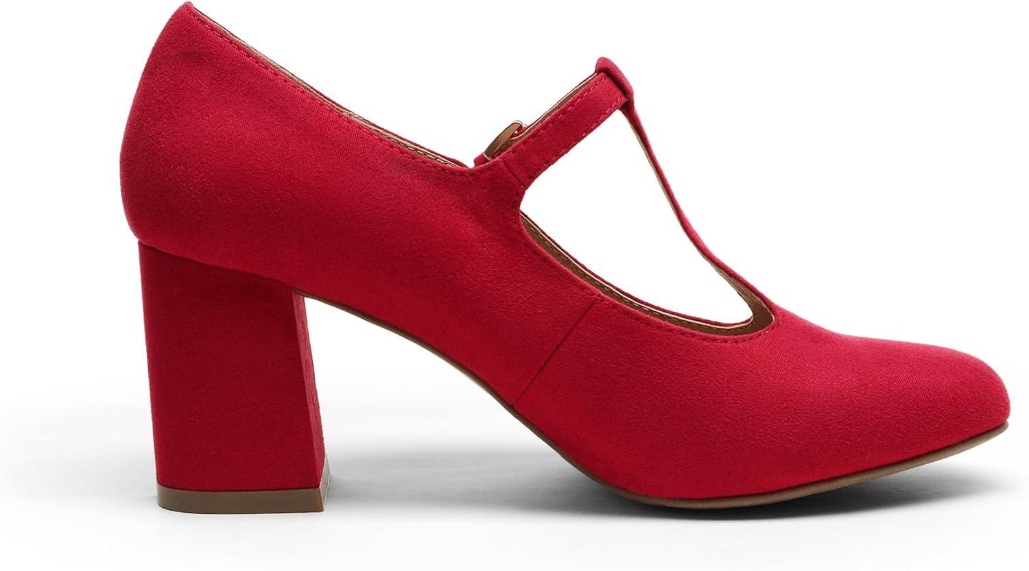 imageDREAM PAIRS Low Chunky Heels for Women TStrap Mary Jane Pumps Wedding Dress ShoesRed