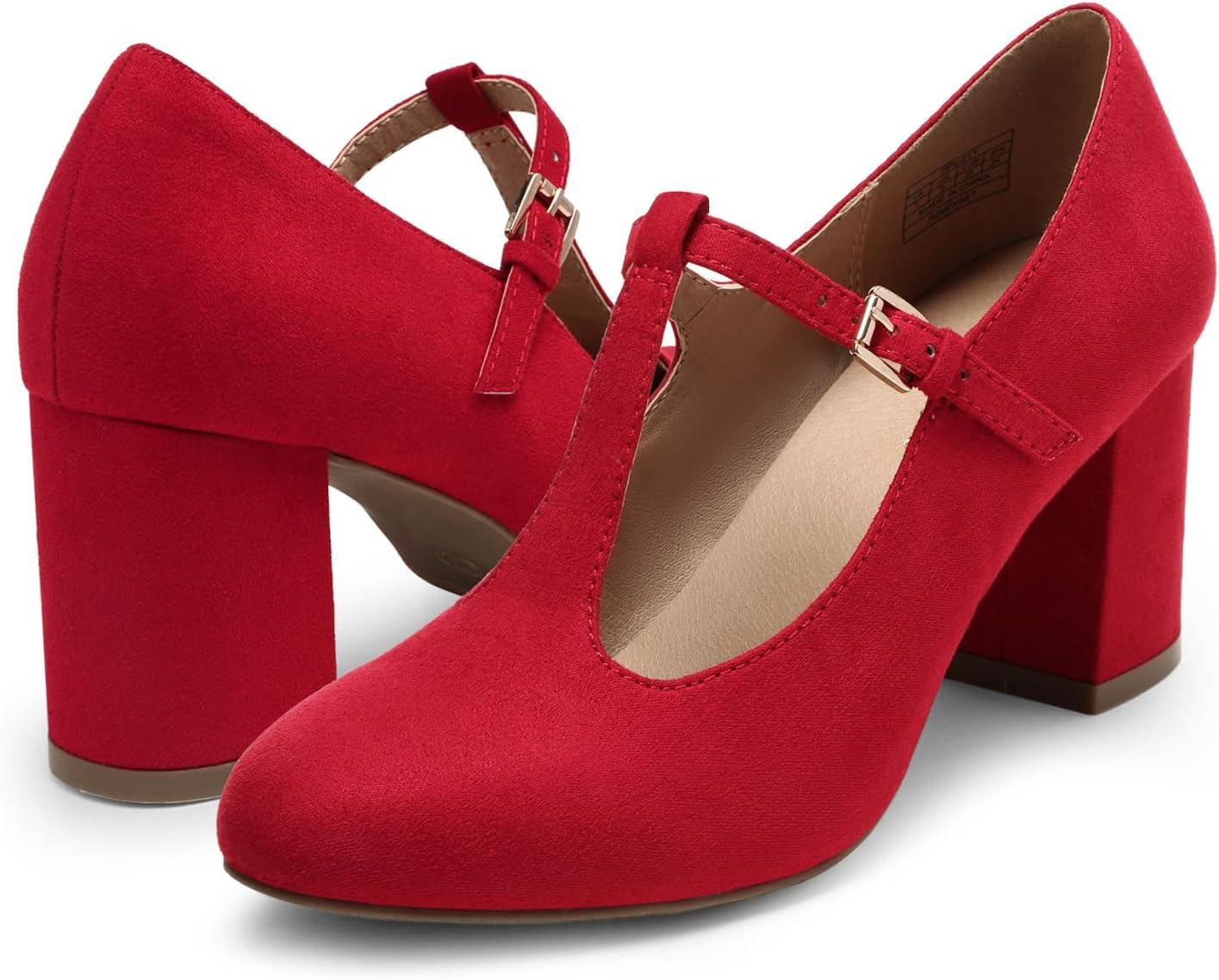 imageDREAM PAIRS Low Chunky Heels for Women TStrap Mary Jane Pumps Wedding Dress ShoesRed