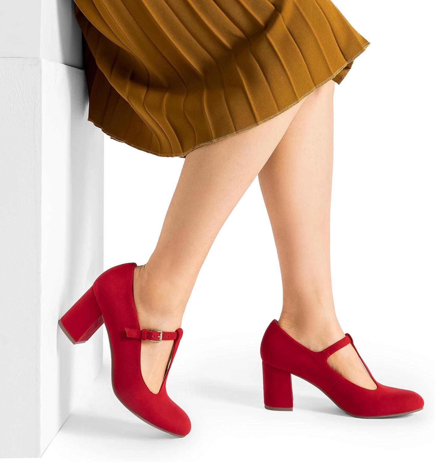 imageDREAM PAIRS Low Chunky Heels for Women TStrap Mary Jane Pumps Wedding Dress ShoesRed