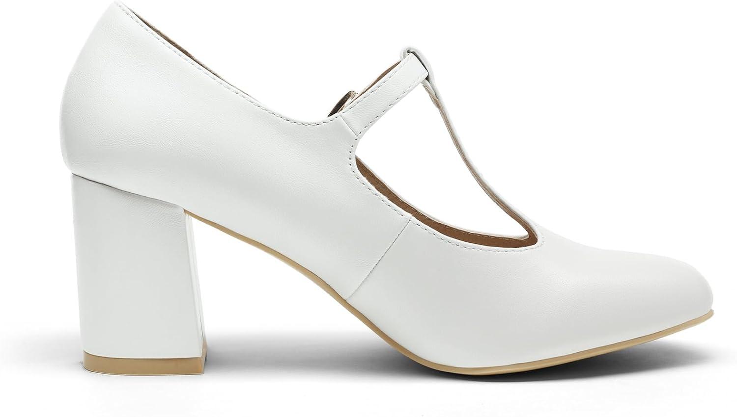 imageDREAM PAIRS Low Chunky Heels for Women TStrap Mary Jane Pumps Wedding Dress ShoesWhitePu