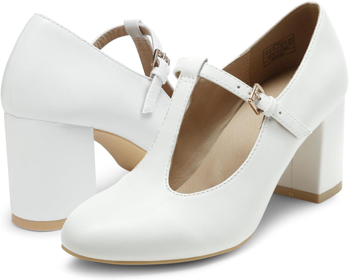 imageDREAM PAIRS Low Chunky Heels for Women TStrap Mary Jane Pumps Wedding Dress ShoesWhitePu