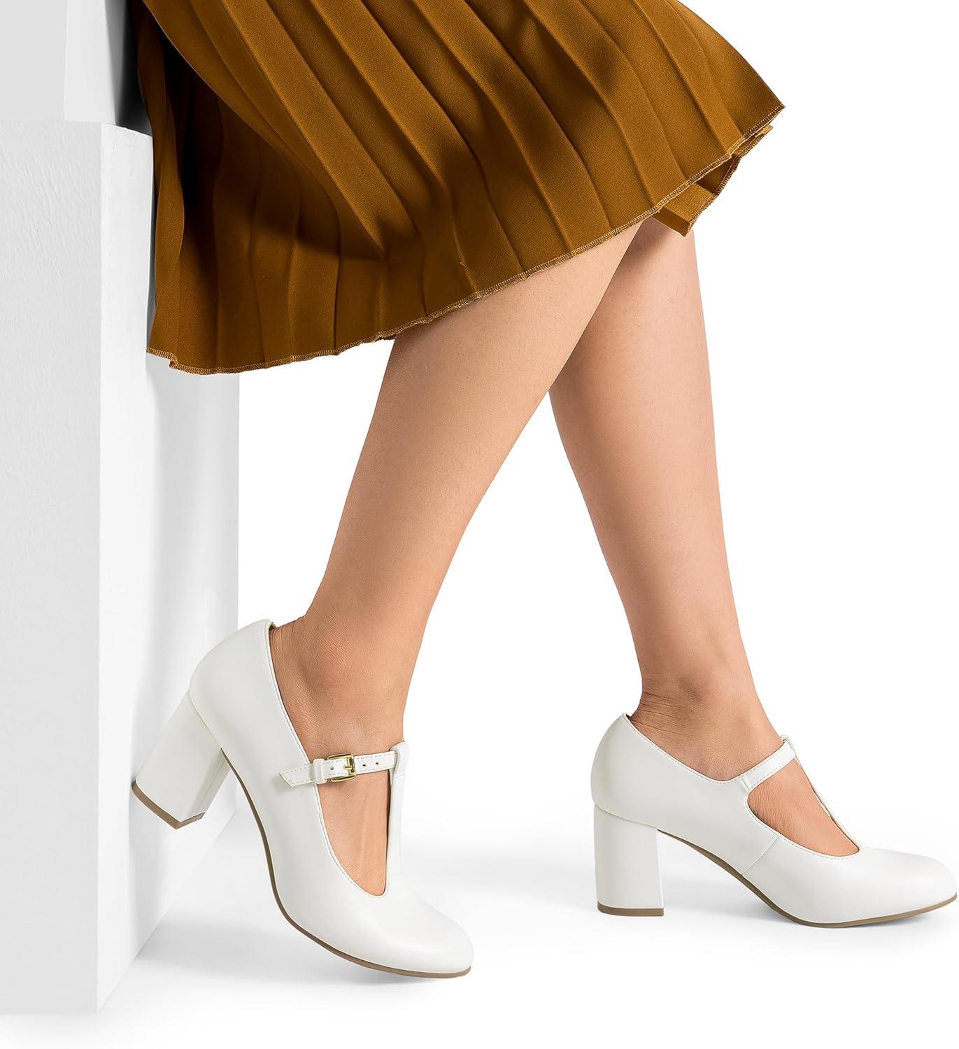 imageDREAM PAIRS Low Chunky Heels for Women TStrap Mary Jane Pumps Wedding Dress ShoesWhitePu