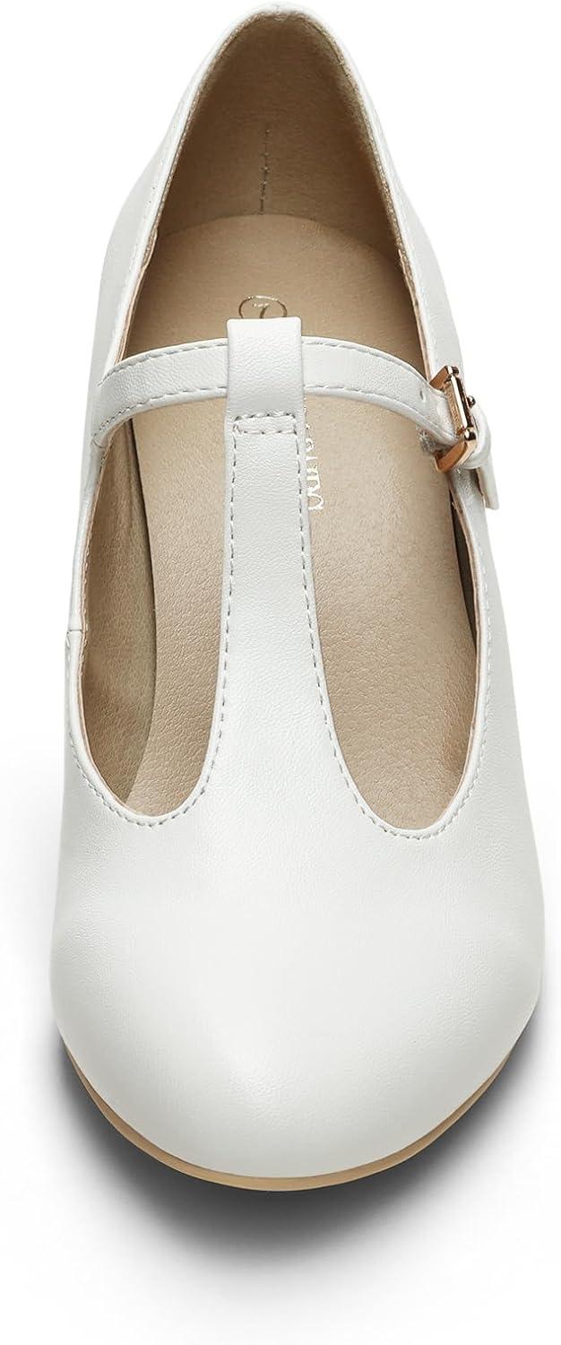 imageDREAM PAIRS Low Chunky Heels for Women TStrap Mary Jane Pumps Wedding Dress ShoesWhitePu
