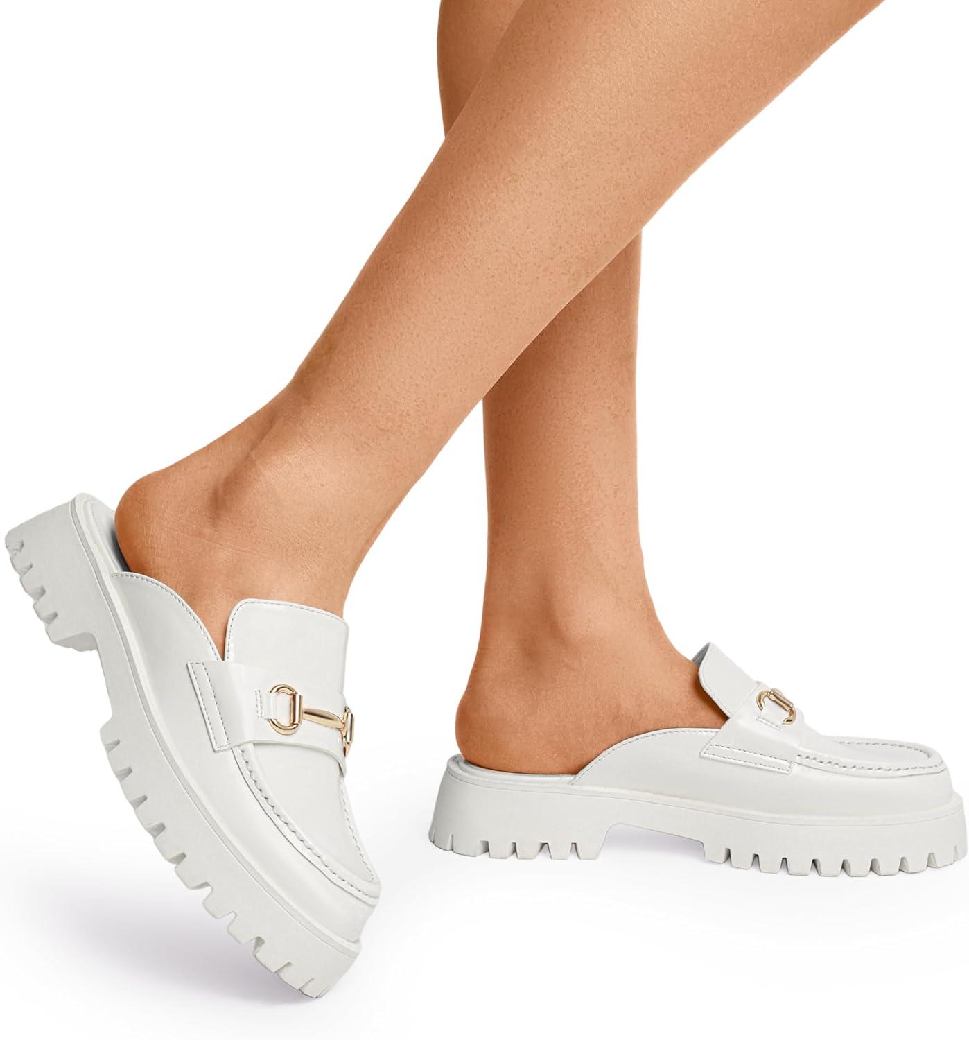 imageDREAM PAIRS Mules for Women Comfortable Loafer Mules Slip On Chunky Business Casual ShoesWhite