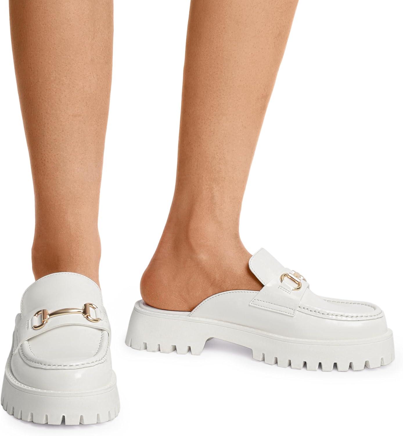 imageDREAM PAIRS Mules for Women Comfortable Loafer Mules Slip On Chunky Business Casual ShoesWhite