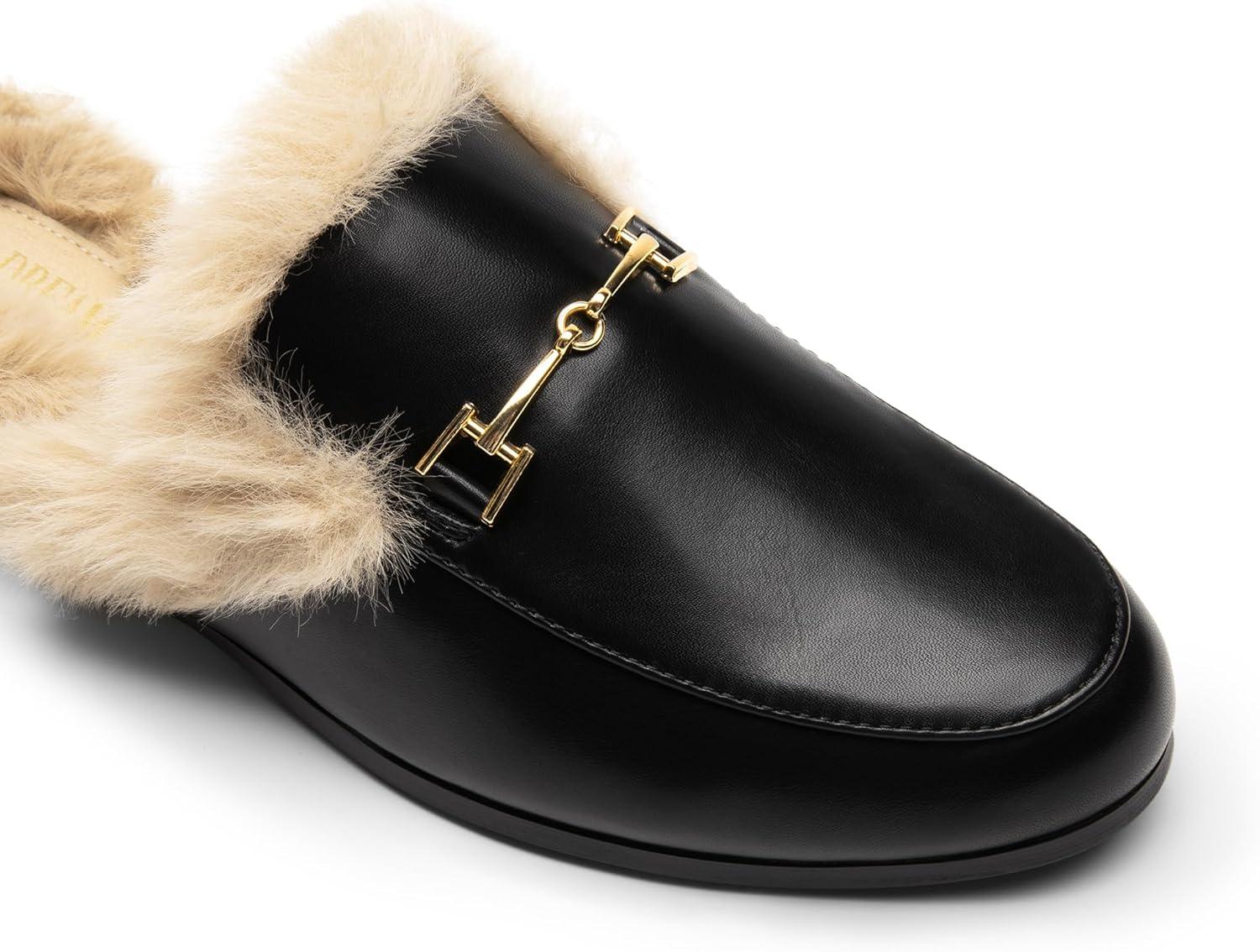 imageDREAM PAIRS Mules for Women Flats Comfortable Buckle Mules Slip on Slides Backless Loafers ShoesBlackfur