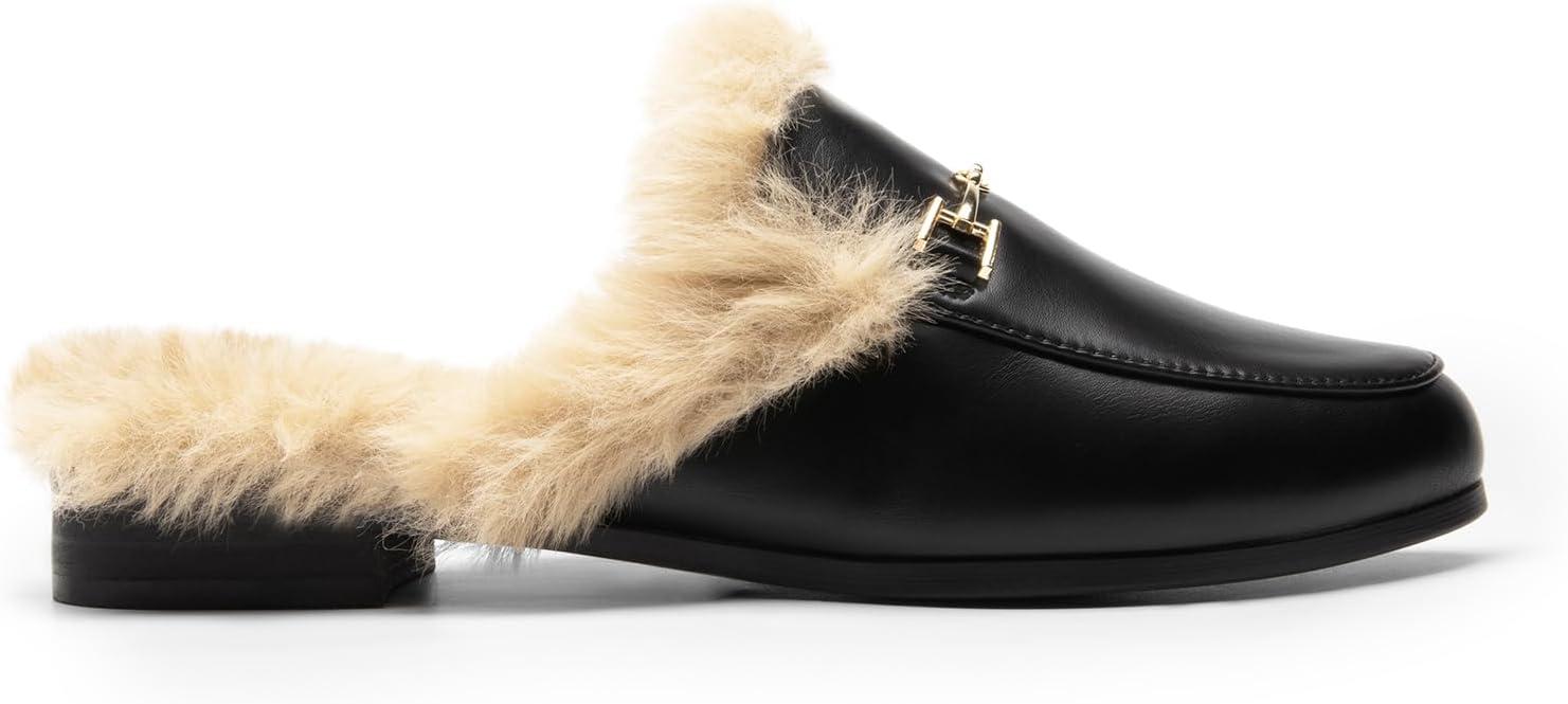 imageDREAM PAIRS Mules for Women Flats Comfortable Buckle Mules Slip on Slides Backless Loafers ShoesBlackfur