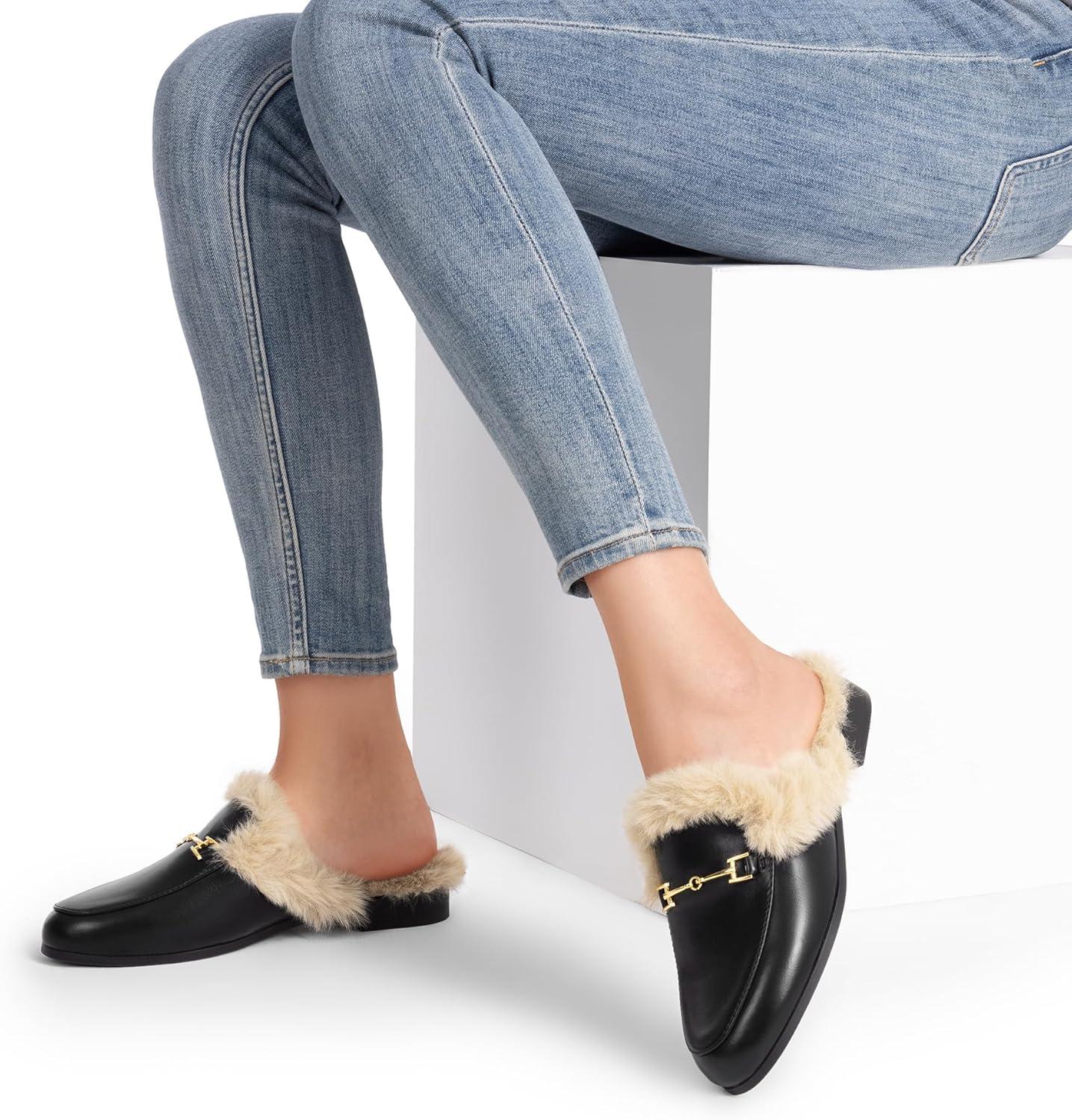 imageDREAM PAIRS Mules for Women Flats Comfortable Buckle Mules Slip on Slides Backless Loafers ShoesBlackfur