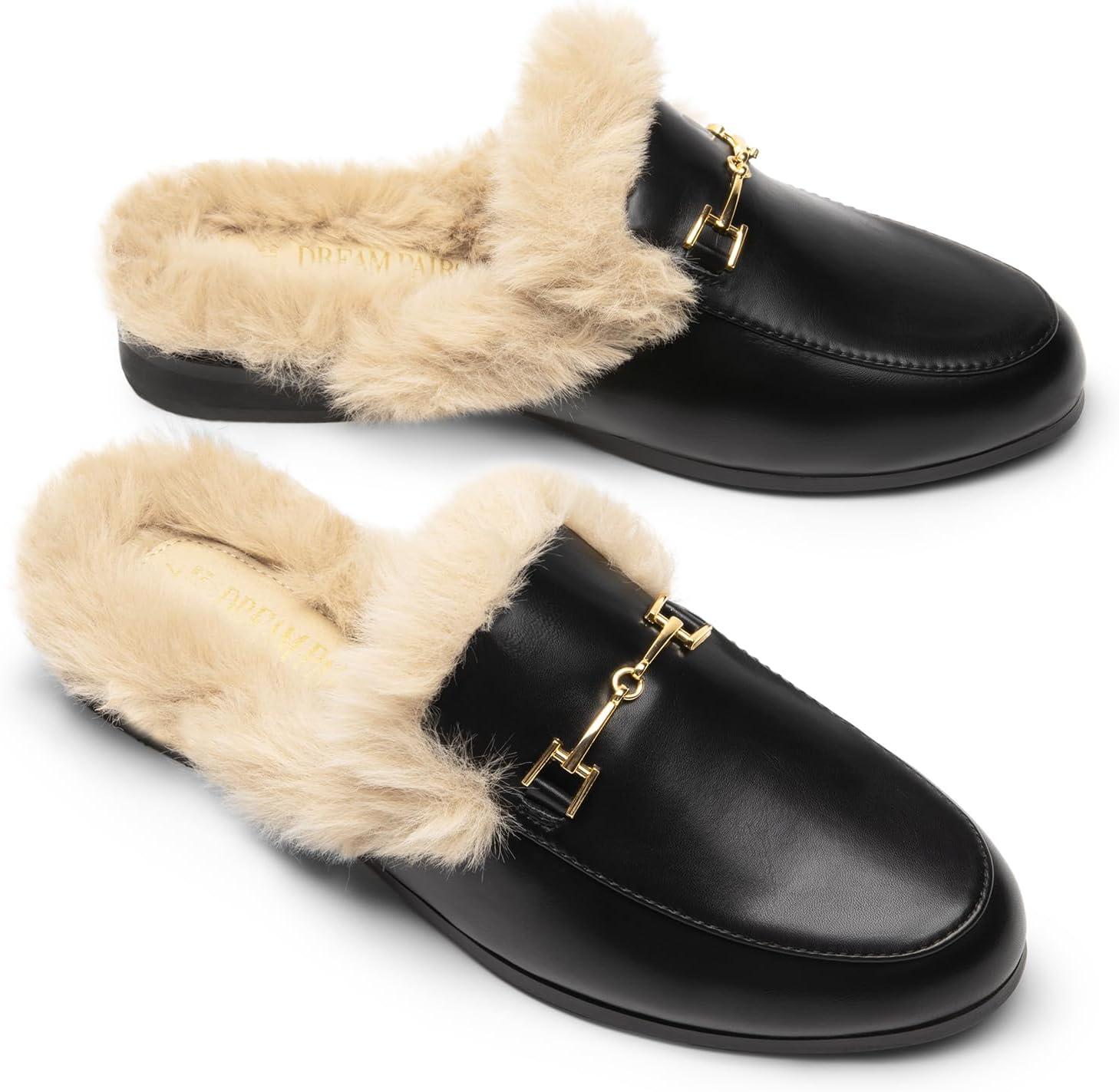 imageDREAM PAIRS Mules for Women Flats Comfortable Buckle Mules Slip on Slides Backless Loafers ShoesBlackfur