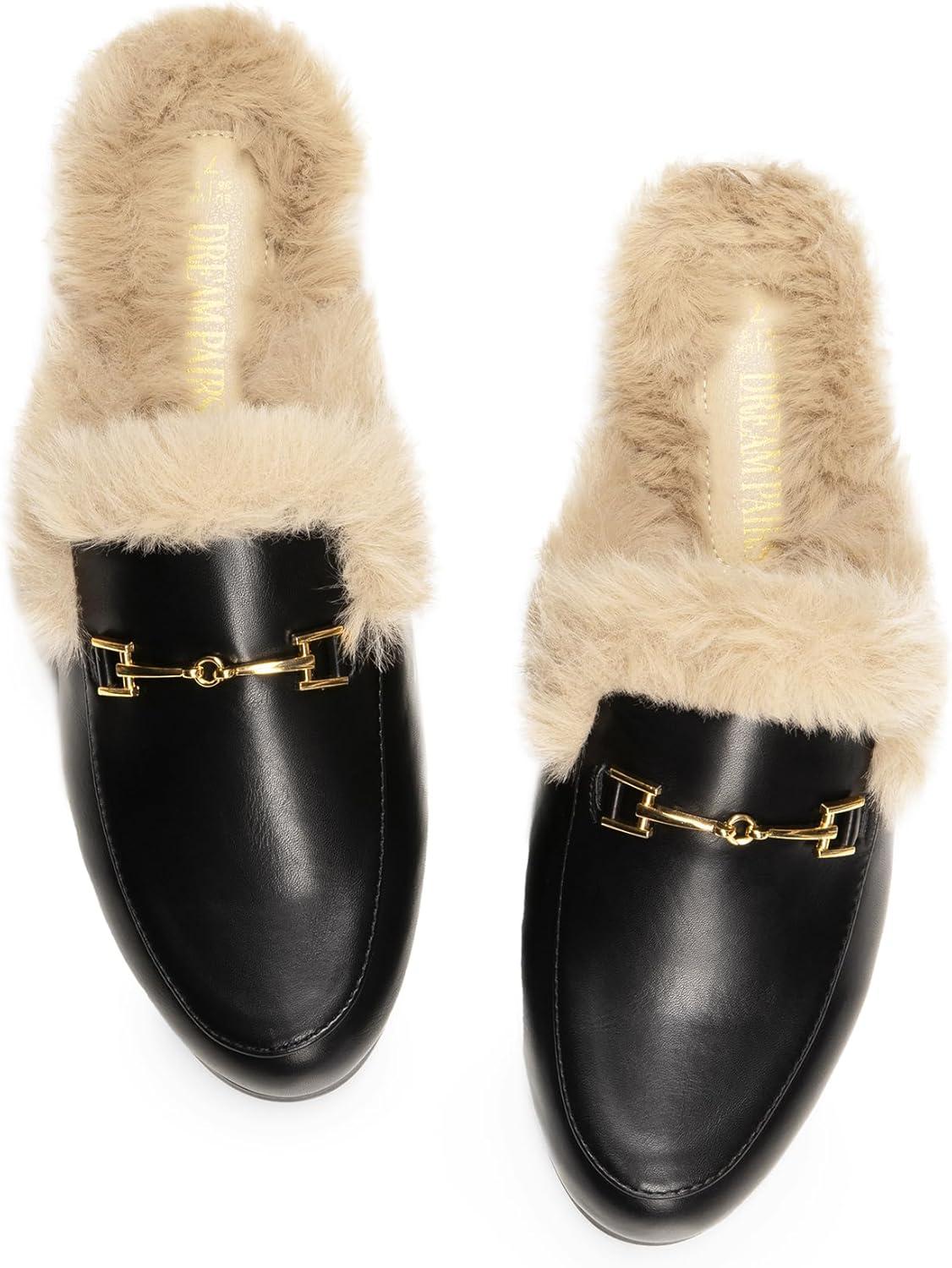 imageDREAM PAIRS Mules for Women Flats Comfortable Buckle Mules Slip on Slides Backless Loafers ShoesBlackfur