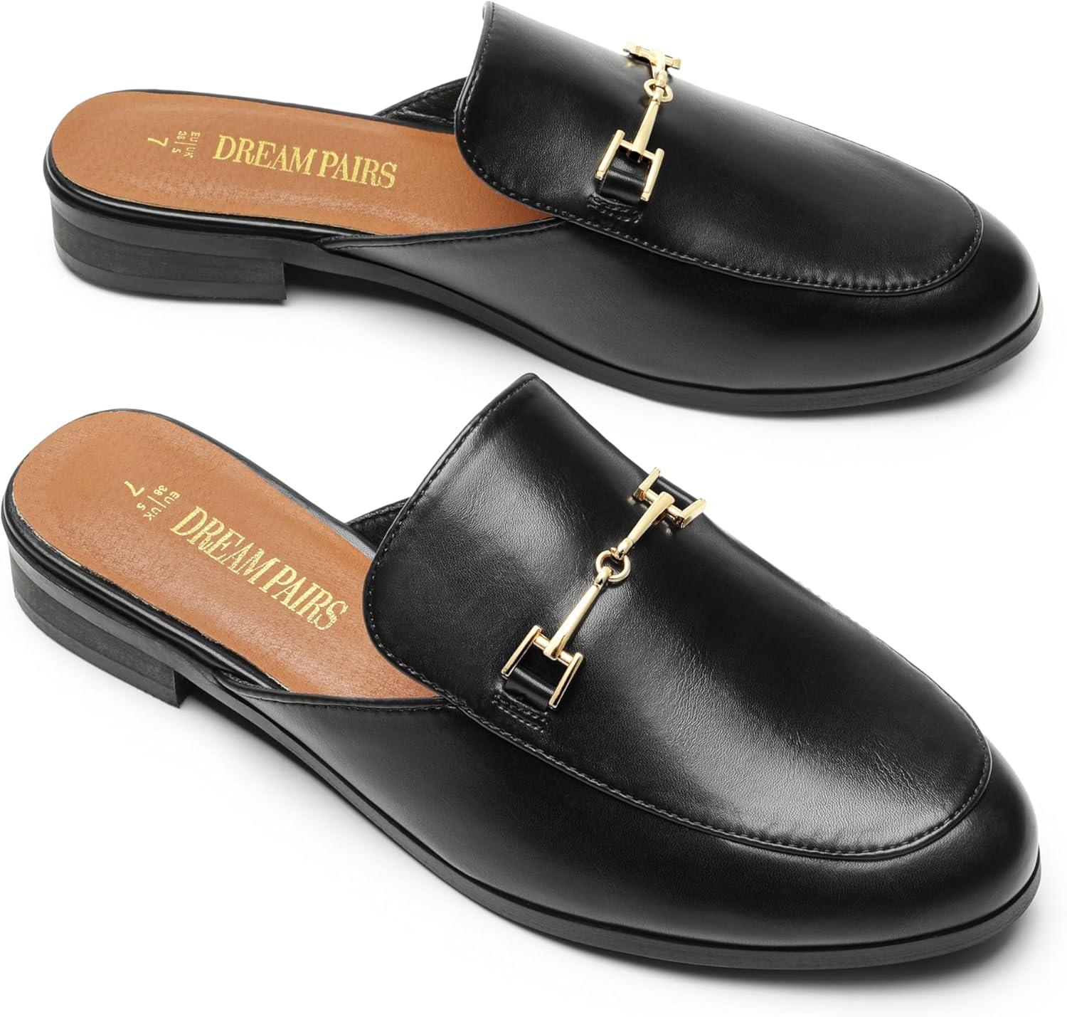 imageDREAM PAIRS Mules for Women Flats Comfortable Buckle Mules Slip on Slides Backless Loafers ShoesBlackpu