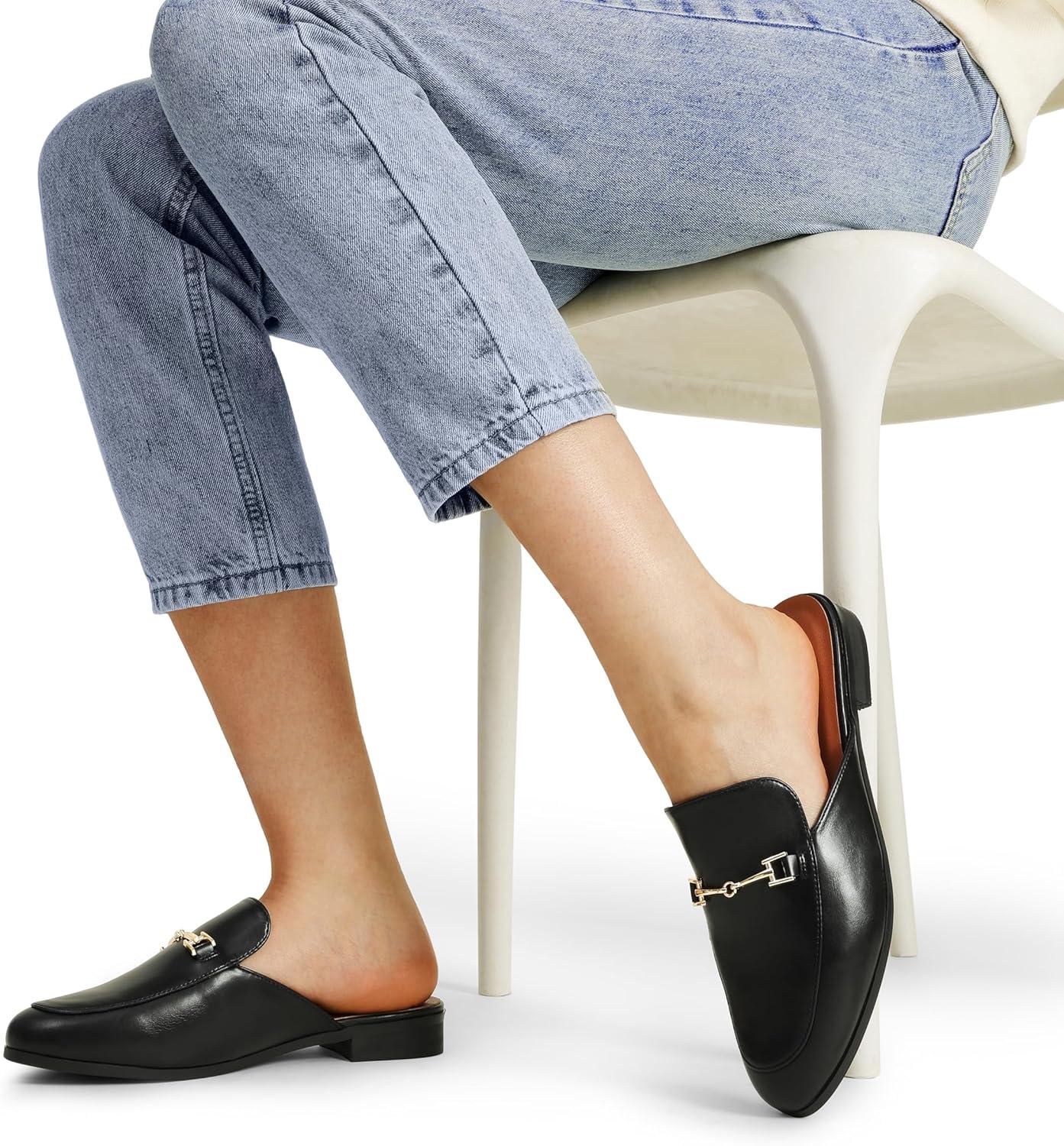 imageDREAM PAIRS Mules for Women Flats Comfortable Buckle Mules Slip on Slides Backless Loafers ShoesBlackpu