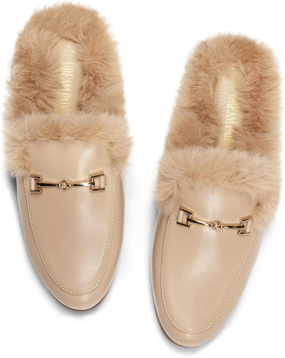 imageDREAM PAIRS Mules for Women Flats Comfortable Buckle Mules Slip on Slides Backless Loafers ShoesNudefur