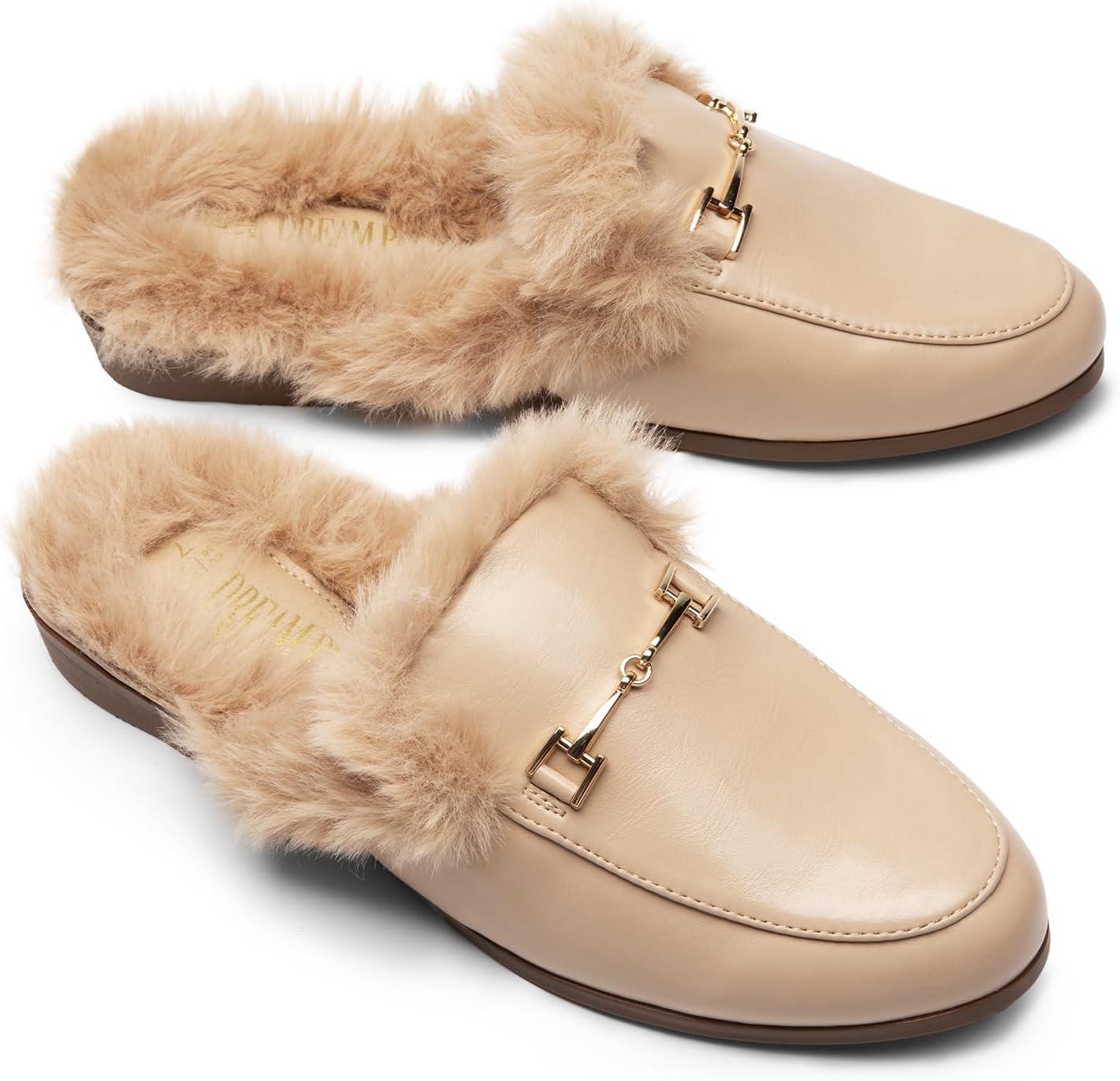 imageDREAM PAIRS Mules for Women Flats Comfortable Buckle Mules Slip on Slides Backless Loafers ShoesNudefur