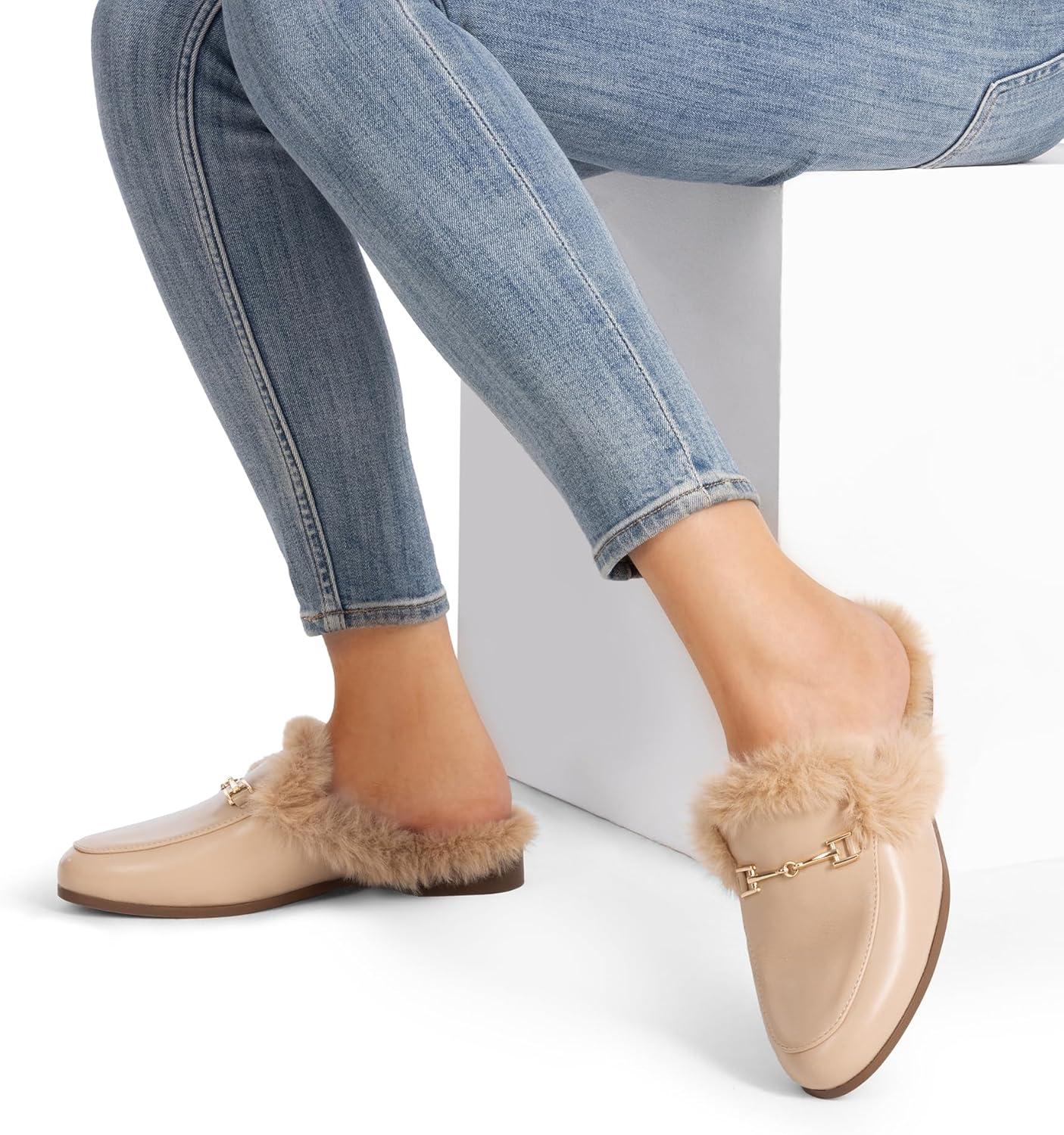 imageDREAM PAIRS Mules for Women Flats Comfortable Buckle Mules Slip on Slides Backless Loafers ShoesNudefur