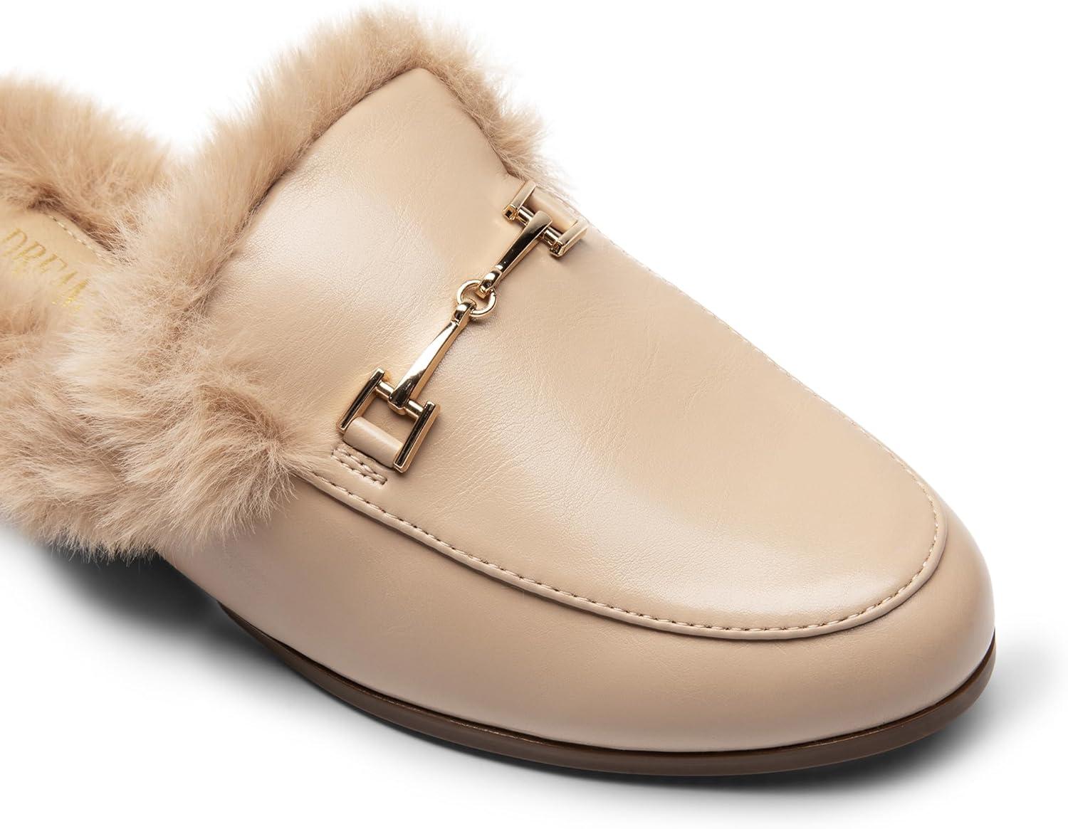 imageDREAM PAIRS Mules for Women Flats Comfortable Buckle Mules Slip on Slides Backless Loafers ShoesNudefur