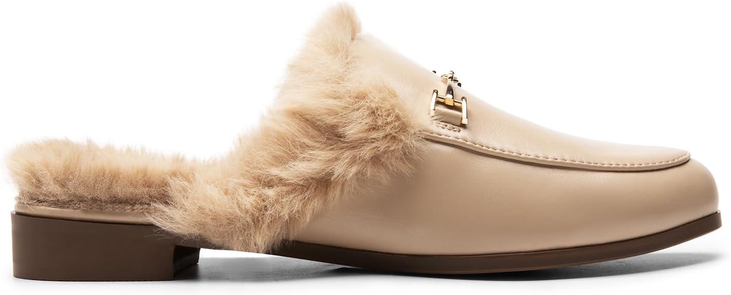 imageDREAM PAIRS Mules for Women Flats Comfortable Buckle Mules Slip on Slides Backless Loafers ShoesNudefur