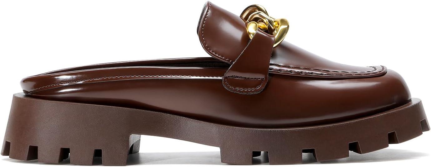 imageDREAM PAIRS Mules for Women Slip On Shoes Platform Thick Comfortable Womens Chunky Flat Slides Slippers LoafersBrownpat