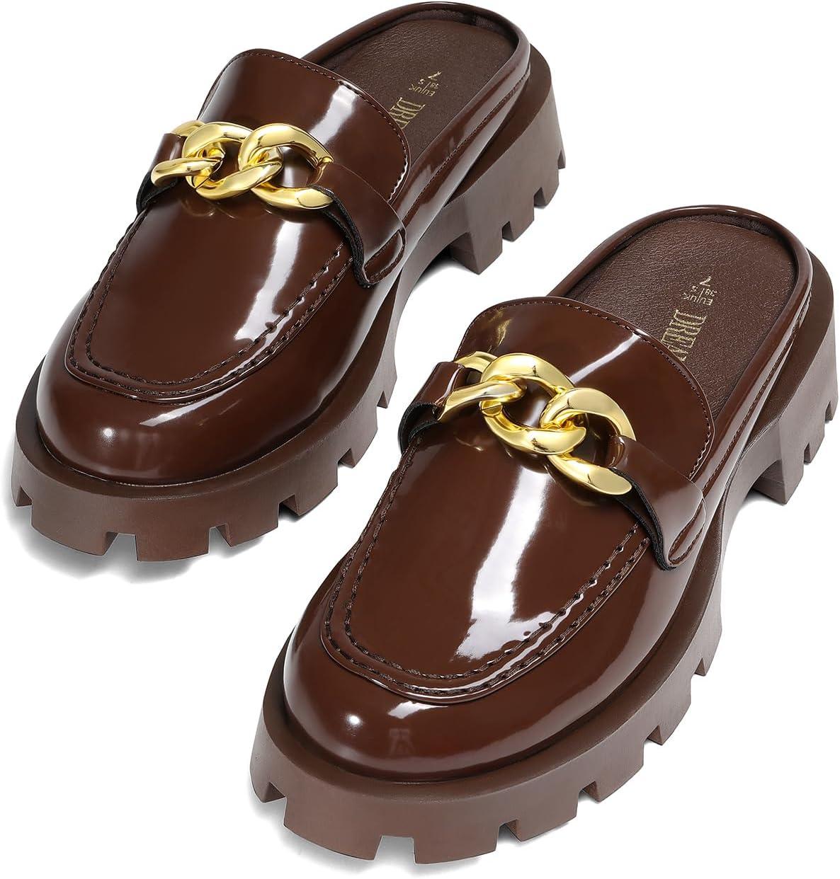 imageDREAM PAIRS Mules for Women Slip On Shoes Platform Thick Comfortable Womens Chunky Flat Slides Slippers LoafersBrownpat