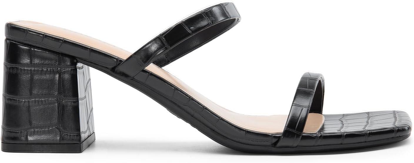 imageDREAM PAIRS Sandal Heels for Women Low Square Open Toe Block Chunky Heels Slip On Slides Mules for Party Homecoming DailyBlackstone Pu
