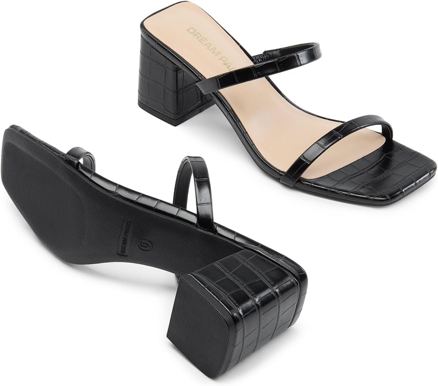 imageDREAM PAIRS Sandal Heels for Women Low Square Open Toe Block Chunky Heels Slip On Slides Mules for Party Homecoming DailyBlackstone Pu