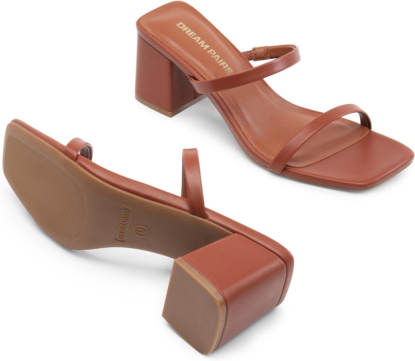 imageDREAM PAIRS Sandal Heels for Women Low Square Open Toe Block Chunky Heels Slip On Slides Mules for Party Homecoming DailyBrown