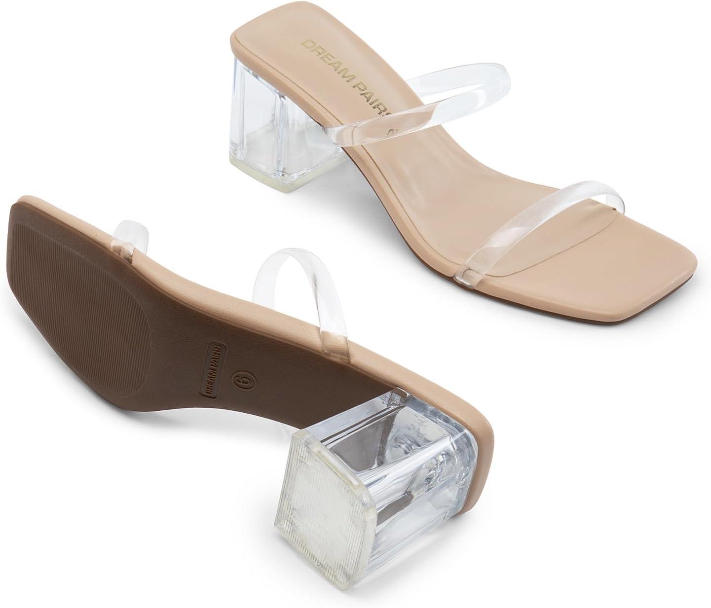 imageDREAM PAIRS Sandal Heels for Women Low Square Open Toe Block Chunky Heels Slip On Slides Mules for Party Homecoming DailyClear