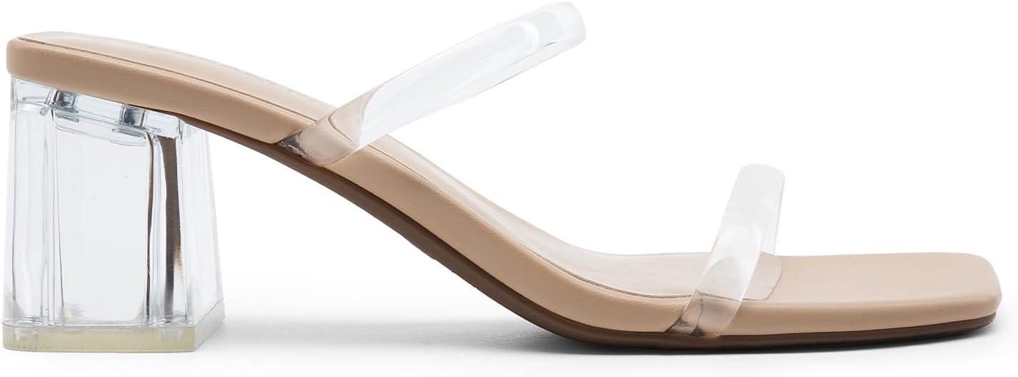 imageDREAM PAIRS Sandal Heels for Women Low Square Open Toe Block Chunky Heels Slip On Slides Mules for Party Homecoming DailyClear