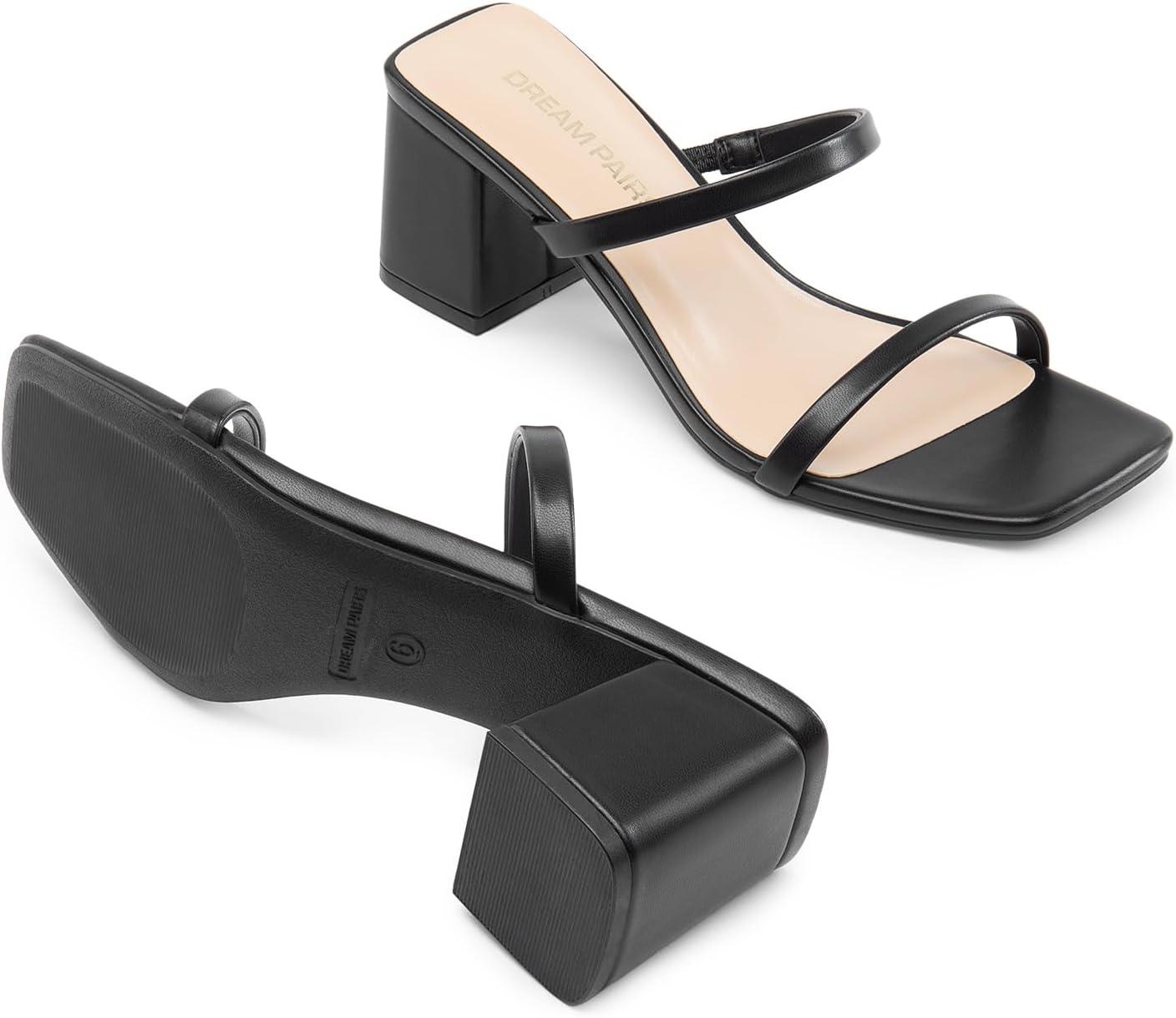 imageDREAM PAIRS Sandal Heels for Women Low Square Open Toe Block Chunky Heels Slip On Slides Mules for Party Homecoming DailyDark Black