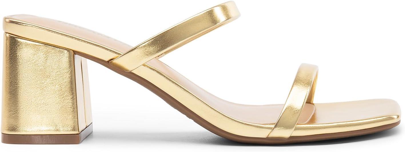 imageDREAM PAIRS Sandal Heels for Women Low Square Open Toe Block Chunky Heels Slip On Slides Mules for Party Homecoming DailyGold