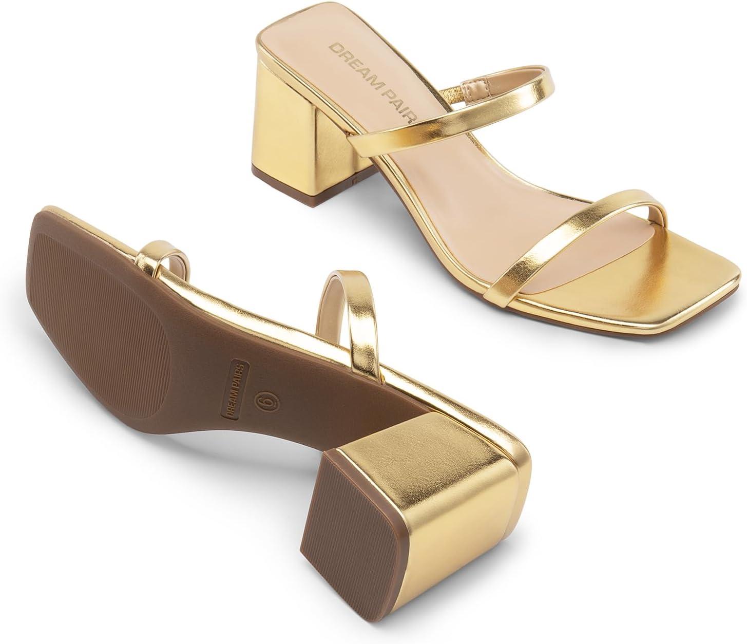 imageDREAM PAIRS Sandal Heels for Women Low Square Open Toe Block Chunky Heels Slip On Slides Mules for Party Homecoming DailyGold