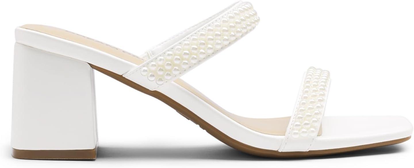 imageDREAM PAIRS Sandal Heels for Women Low Square Open Toe Block Chunky Heels Slip On Slides Mules for Party Homecoming DailyPure White