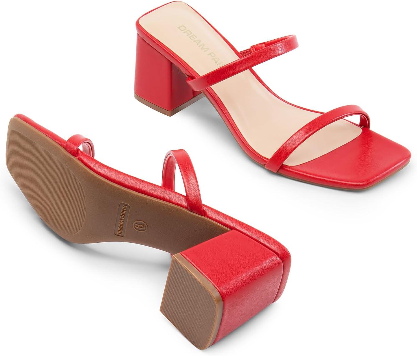 imageDREAM PAIRS Sandal Heels for Women Low Square Open Toe Block Chunky Heels Slip On Slides Mules for Party Homecoming DailyRed