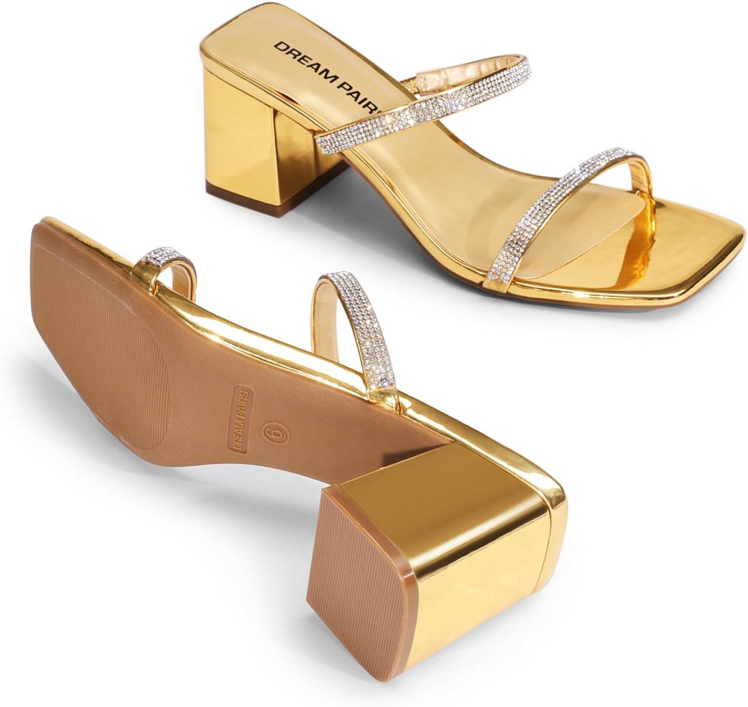 imageDREAM PAIRS Sandal Heels for Women Low Square Open Toe Block Chunky Heels Slip On Slides Mules for Party Homecoming DailyShiny Gold