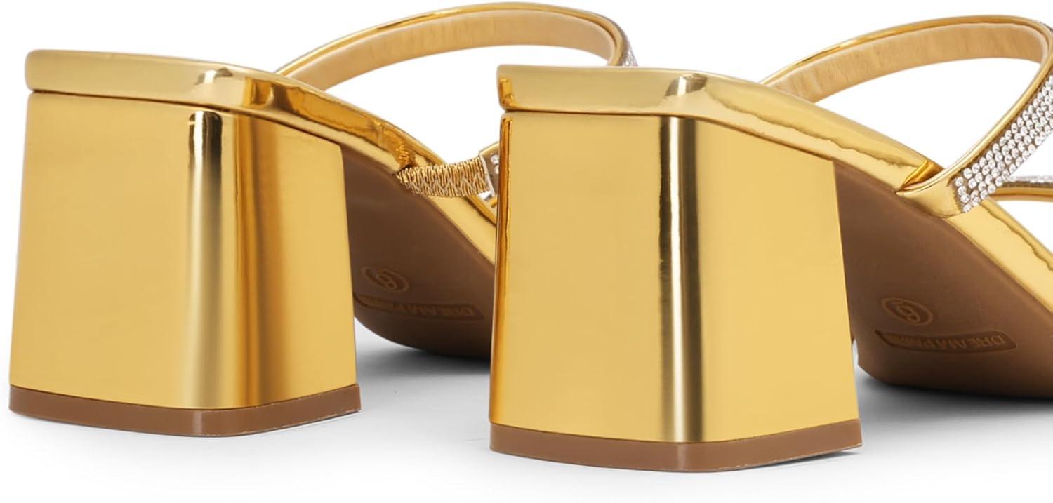 imageDREAM PAIRS Sandal Heels for Women Low Square Open Toe Block Chunky Heels Slip On Slides Mules for Party Homecoming DailyShiny Gold