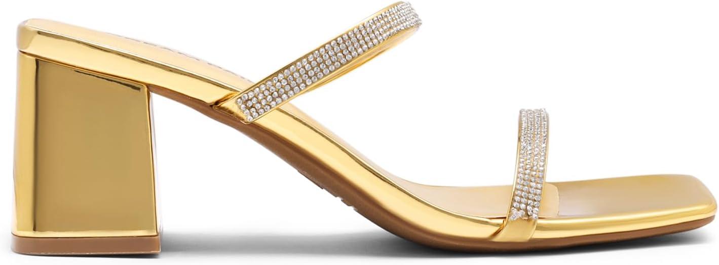imageDREAM PAIRS Sandal Heels for Women Low Square Open Toe Block Chunky Heels Slip On Slides Mules for Party Homecoming DailyShiny Gold