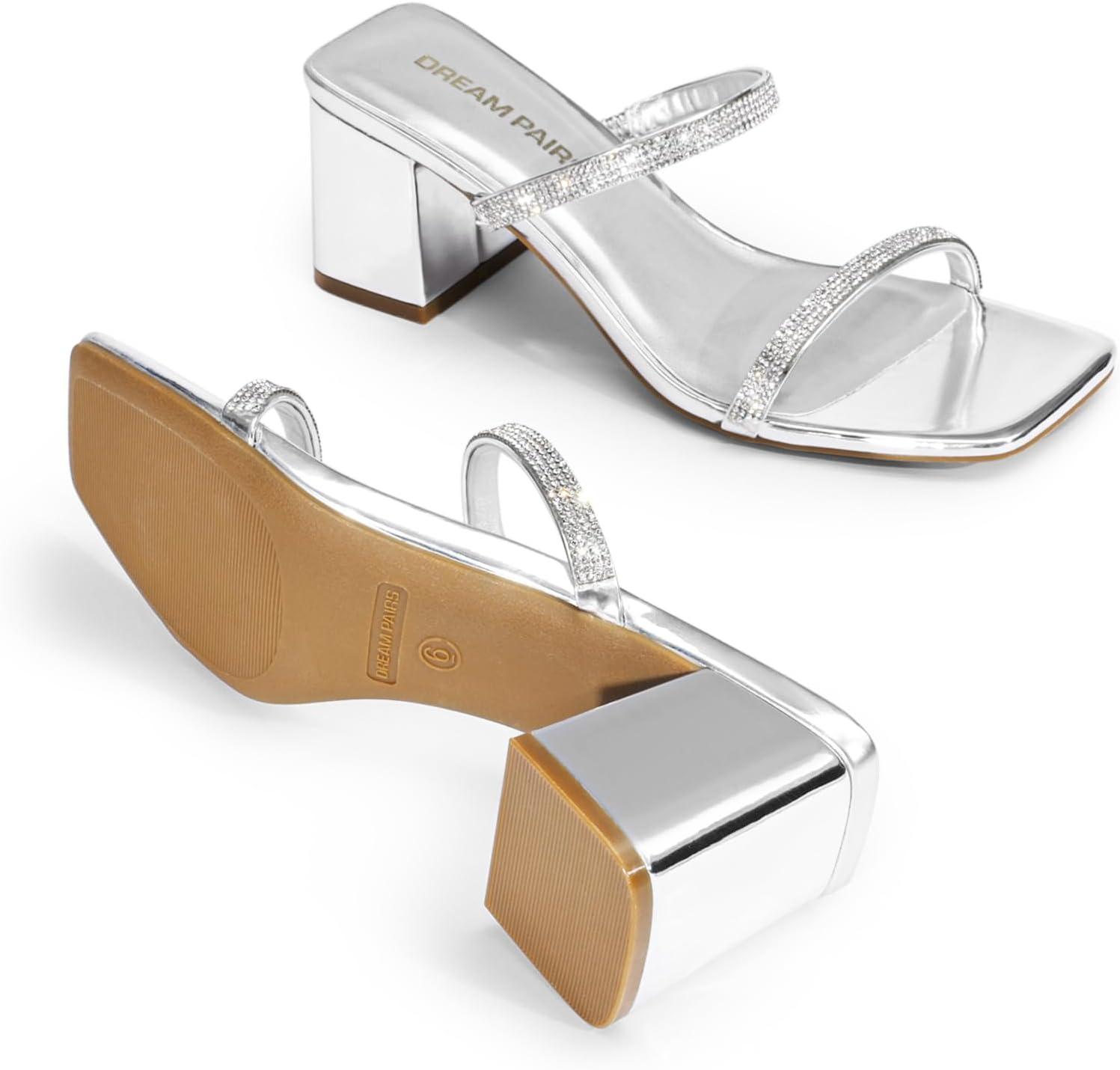 imageDREAM PAIRS Sandal Heels for Women Low Square Open Toe Block Chunky Heels Slip On Slides Mules for Party Homecoming DailyShiny Silver