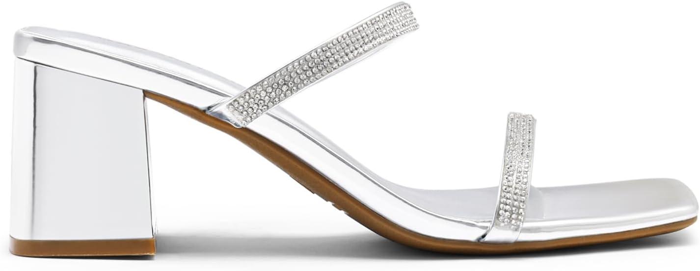 imageDREAM PAIRS Sandal Heels for Women Low Square Open Toe Block Chunky Heels Slip On Slides Mules for Party Homecoming DailyShiny Silver