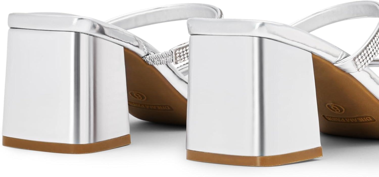 imageDREAM PAIRS Sandal Heels for Women Low Square Open Toe Block Chunky Heels Slip On Slides Mules for Party Homecoming DailyShiny Silver